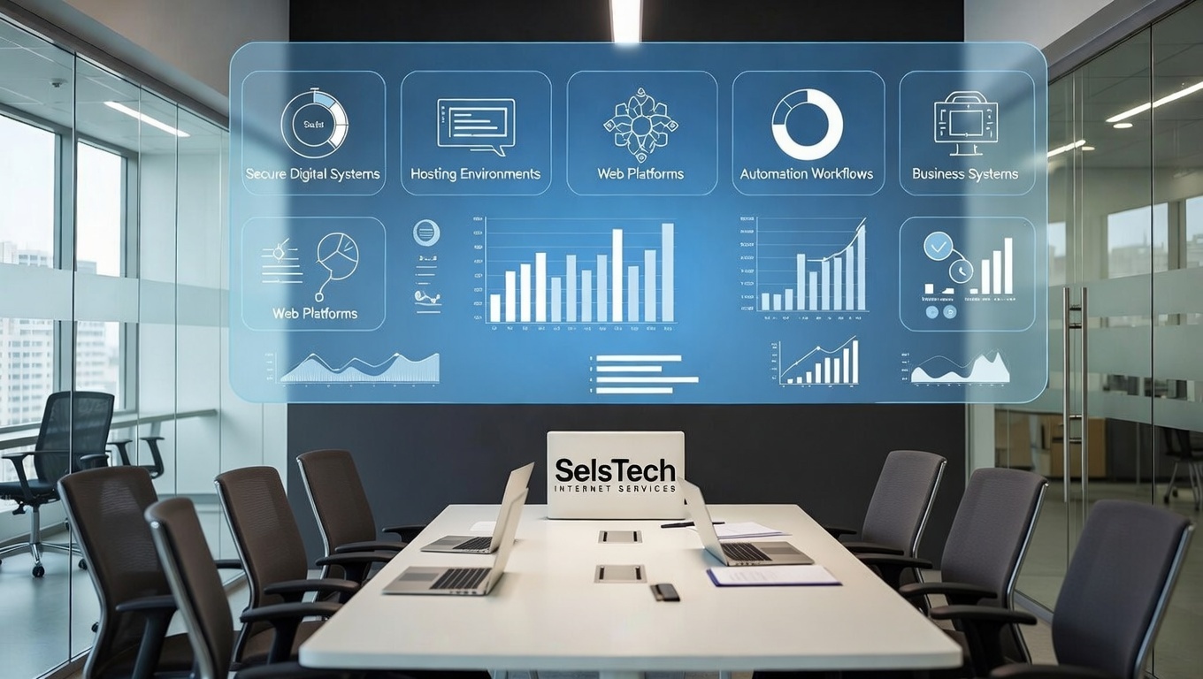Modern tech workspace with dual monitors showing code and architecture diagrams